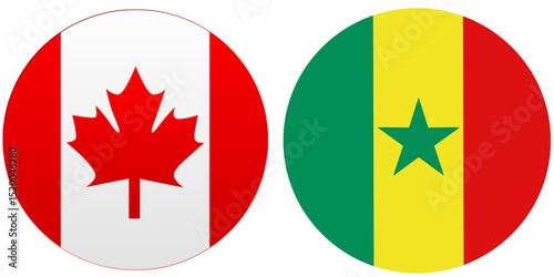 Canada Official flag with Senegal national flag, both countries flags are in Round shape and isolated on white background, Circular colorful design Flag with together.
Senegalese