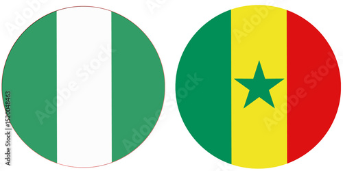 Nigeria Official flag with Senegal national flag, both countries flags are in Round shape and isolated on white background, Circular colorful design Flag with together.
Senegalese