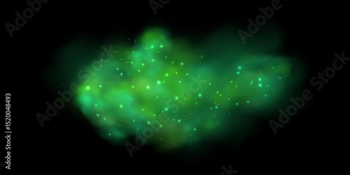 Realistic texture of fantastic smoke background. Green fog with glitter and shimmering glowing particles. Starry neon magic dust.