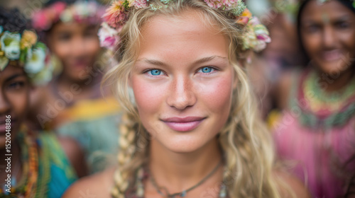 Diverse friends with flower...