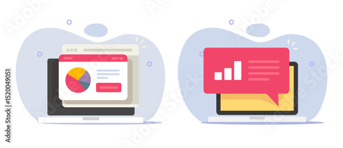 Performance growth audit report on laptop computer pc screen icon vector flat cartoon illustration set with statistics graphics, analysis sales return value data on web online image clip art
