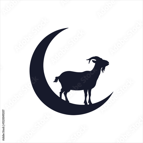 Black Goat Silhouette on Crescent Moon: Eid Al-Adha Islamic Festival Symbol

