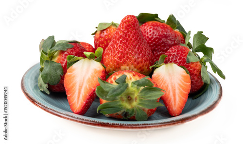 Plate of fresh strawberries on a white background
