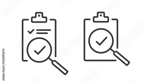 Research audit document overview icon vector, report checklist review via magnifier glass line art stroke simple minimal graphic set, tax inspection check list pictogram, study analysis checkmark
