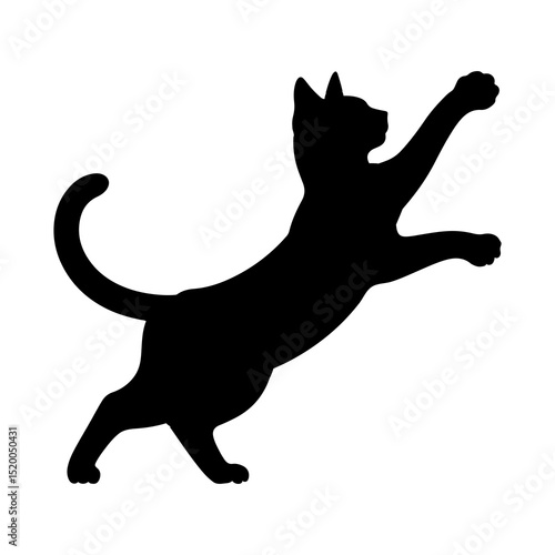 Silhouette of a playful cat reaching up with its paw extended in a dynamic pose against white space