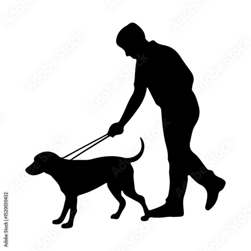 Silhouette of a person walking a dog on a leash in a simple black and white illustration style image