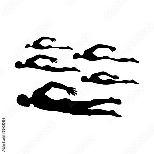 Silhouetted swimmers in formation gliding through water with arms extended in a synchronized motion