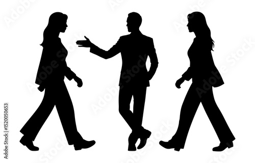 Silhouettes of two women and one man walking in business attire with one gesturing his hand out 100