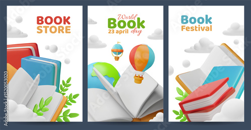 3D set of posters, with books in the clouds, for World Book Day, bookstore, book festival.