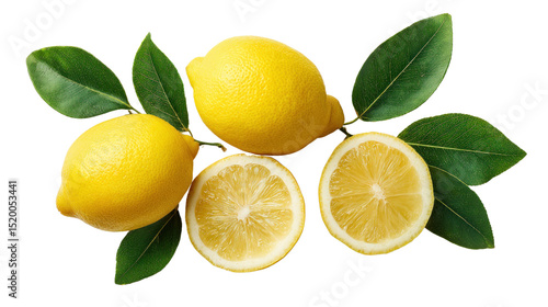 Wallpaper Mural Zesty Lemons on the Branch: A vibrant composition of fresh lemons, both whole and halved, showcased alongside lush green leaves on a natural branch, a celebration of citrusy goodness. Torontodigital.ca
