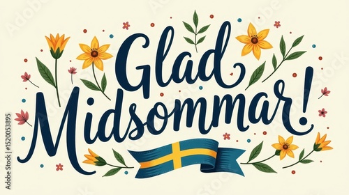 A greeting card for Swedish midsummer celebration, decorative lettering text 
