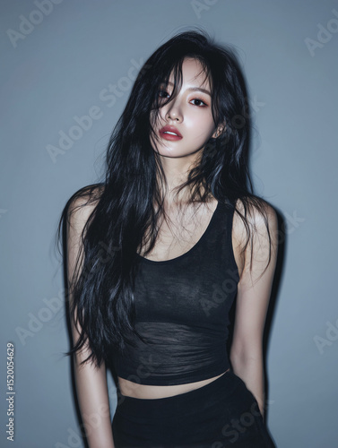 Korean woman with long black hair posing against a simple blue background in a stylish black outfit