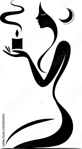A black-and-white minimalist image featuring a woman with closed eyes holding a candle, with delicate smoke rising upwards. The oil drop silhouette adds an elegant touch, embodying wellness and sereni