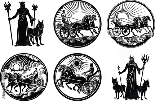 Silhouette Vector Set Featuring Greek Mythology Gods And Horse Chariots Illustrations