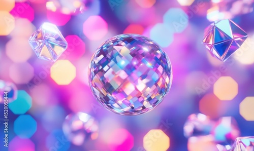 Sparkling disco ball and gems, vibrant bokeh background, festive celebration