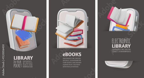 Online book store 3D style poster design vector set, books, literature, dictionaries, electronic library in your pocket