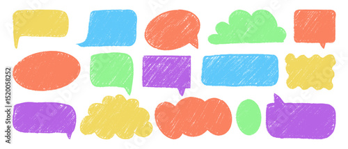 A set of bright hand-drawn text boxes. Textured mixed speech bubbles. Design elements for memo and messages.