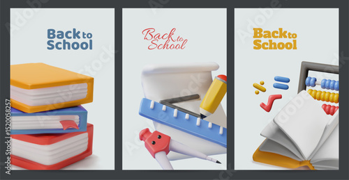 3D vector poster set with books, notebook and school supplies, back to school.