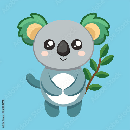 Cute Koala Holding Tree Branch – Flat Cartoon Vector Icon of Animal and Nature Concept
