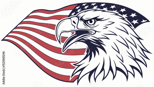Illustration of an eagle head with american flag in the background with stars and stripes design