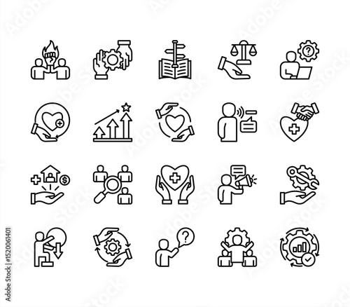 Help and support icon collection set. Containing assistance, service, aid, desk, guidance, relief, backing icon. Simple line vector.