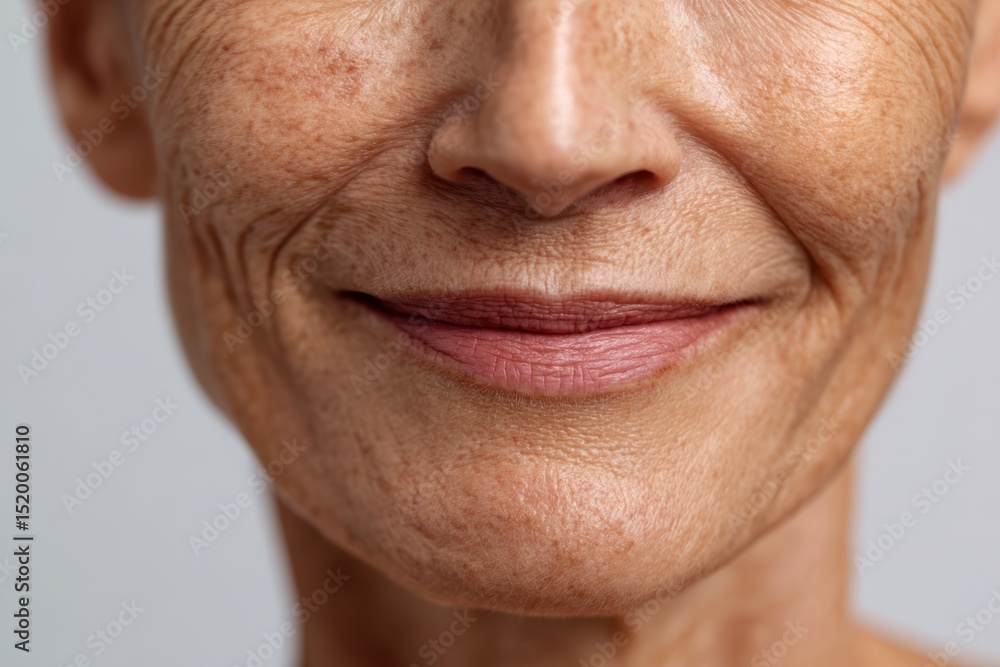 Obraz premium Portrait of woman showing facial wrinkles, smile lines, flabbiness, dark spots, and blemishes, skincare and beauty concept