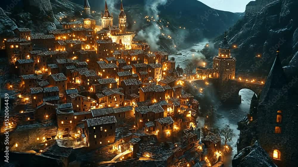 Enchanted Village Illuminated by Warm Golden Lights Enchanted Village Illuminated by Warm Golden Lights