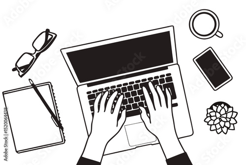 Workspace Desk with Laptop and Office Items – Outline Style Hand Drawing