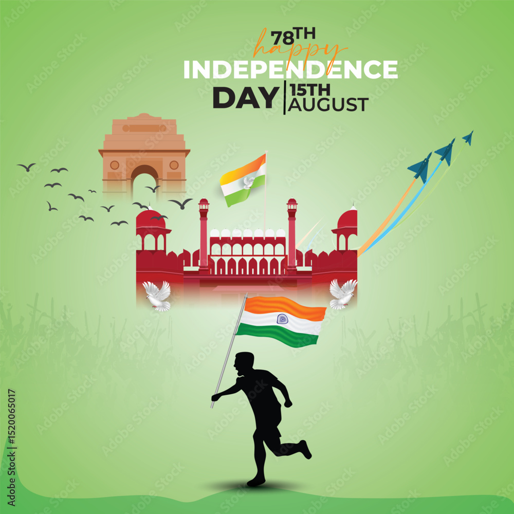 Naklejka premium 15th August Happy Independence Day of India social media post with Famous monuments, background