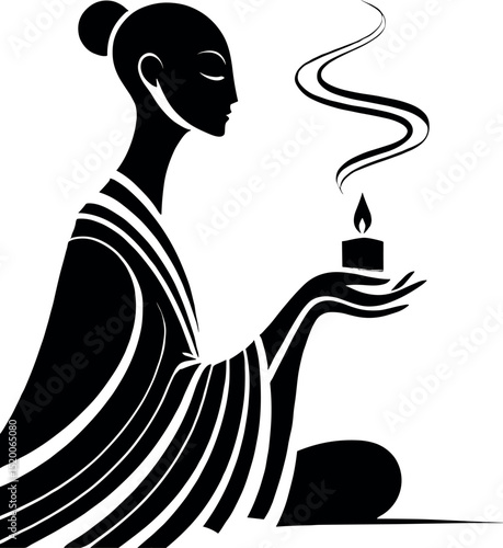 Black-and-white minimalist illustration featuring an elegant female outline with closed eyes, holding a candle. Thin smoke lines rise gently, evoking calm. Includes subtle oil drop silhouette elements