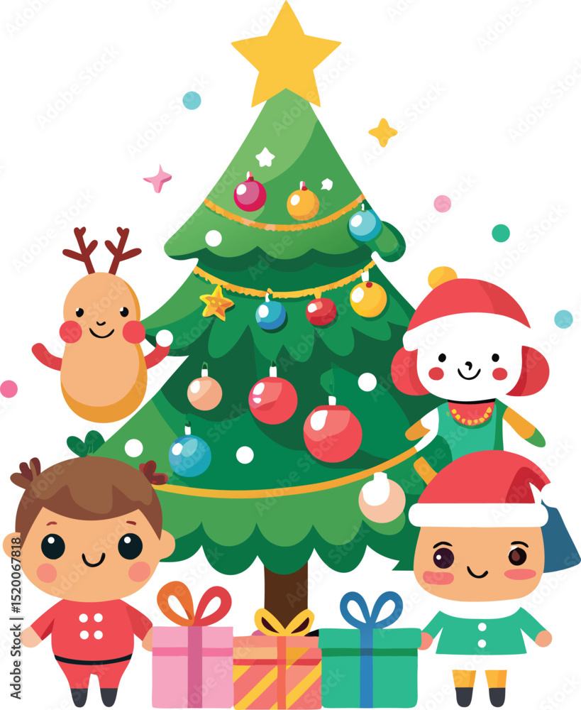 Cute Children Celebrating Christmas with Tree and Presents Illustration Cute Children Celebrating Christmas with Tree and Presents Illustration