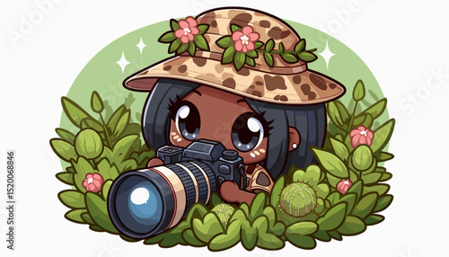 Chibi wildlife black female photographer hiding in bushes with camera in colorful vector miniature