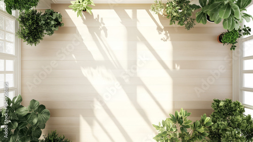 Fototapeta Naklejka Na Ścianę i Meble -  Overhead shot of an empty white room with wooden flooring and potted green plants, styled in Scandinavian design