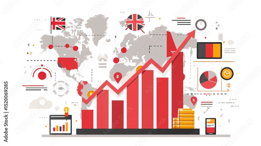 Global Economic Growth Illustrated with Red Bar Graph and World Map Global Economic Growth Illustrated with Red Bar Graph and World Map