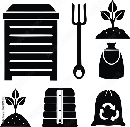 Black silhouette vector set of compost bin, soil, sprouting plants, pitchfork, and eco-friendly gardening tools, perfect for sustainable farming and organic garden themes