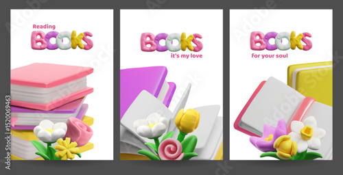 Reading books poster design with flowers 3D style vector set, cartoon books, literature, library and booklover concept
