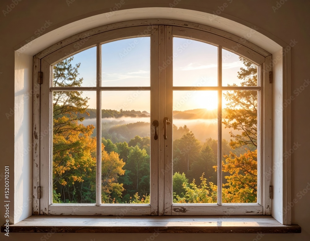 Fototapeta premium A vintage window reveals a sunrise over a misty valley. Autumn colors paint the hillsides