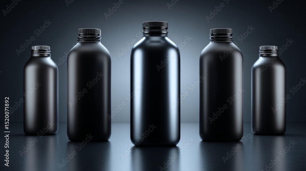 A collection of sleek black bottles prominently displayed against a dark background. A collection of sleek black bottles prominently displayed against a dark background.