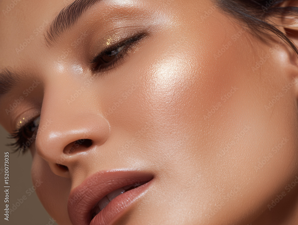Fototapeta premium close-up of woman’s cheek with gold shimmer highlight, soft glam lighting, beige studio
