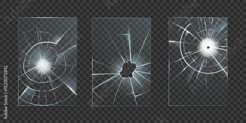 Broken glass shatter and hole, realistic transparent screen crack effect background, shattered window surface vector set