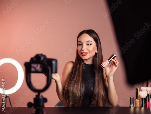female influencer with long hair, makeup on point, presenting product during TikTok live, minimal backgroun