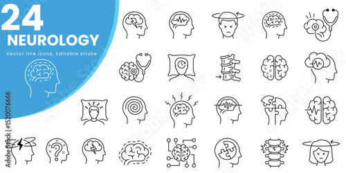 set of 24 Neurology icons, such as Alzheimer, Parkinson, insomnia, epilepsy and more. Editable stroke.
