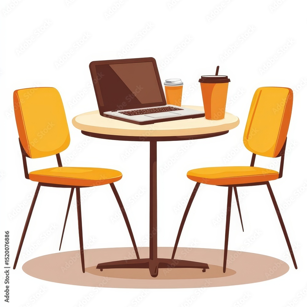 Fototapeta premium Digital Nomad Living Concept, a coffee shop table with laptop clipart, mobile office setup, flat design style, earthy colors, isolated on white background