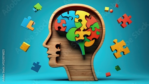 Wooden head shape brain made of colorful puzzle pieces. Illustration complex thinking process, logical mind. Parts of brain connected. Concept of connecting ideas, problem-solving abilities. Abstract