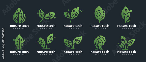 Green leaf technology logo design template collection. Nature leaf digital technology logo design vector icon
