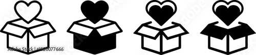 Gift box icons with heart symbols in different , representing love, celebration, appreciation, charity, giving, romantic gestures, and special occasions