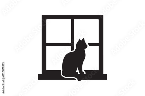 Cat on windowsill silhouette vector art illustration on white background