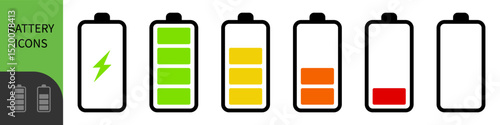 A battery icon with charge levels from full (green) to low (red), with a charging symbol on the first, representing power, energy storage, and readiness for use in electronic devices