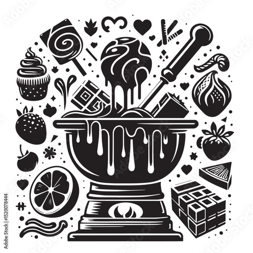 Black Chocolate Fondue Silhouette Vector, High Quality Illustration on White Background