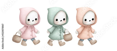 Wallpaper Mural Three cute skeletons wearing raincoats and holding baskets are walking Torontodigital.ca